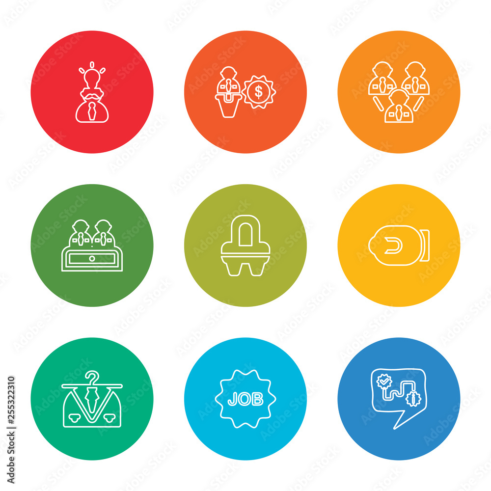 outline stroke strategy, job, clothes, briefcase, position, interview, teamwork, salary, idea, vector line icons set on rounded colorful shapes
