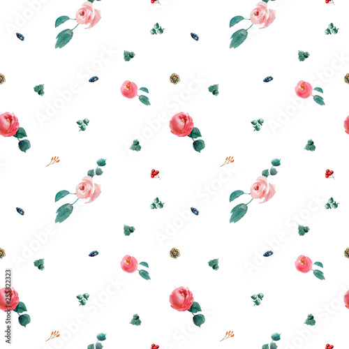 Wedding bridal watercolor seamless pattern, red and pink and green flowers wreath ornament