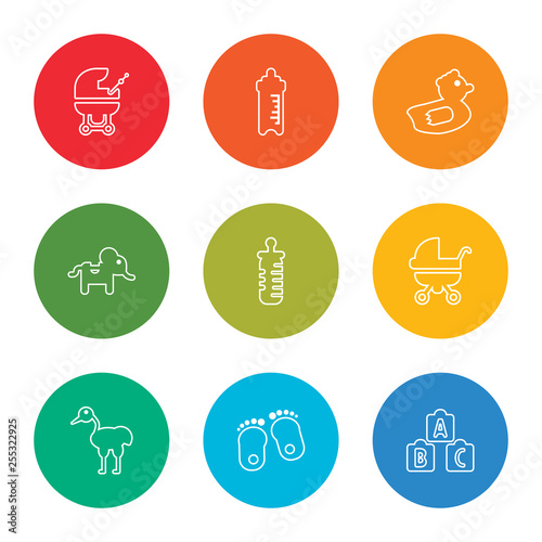 outline stroke cubes, footprints, stork, baby carriage, feeding bottle, elephant, rubber duck, feeding bottle, baby carriage, vector line icons set on rounded colorful shapes © TOPVECTORSTOCK