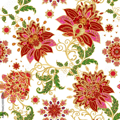 Seamless pattern. Golden textured curls. Brilliant lace, stylized flowers. Openwork weaving delicate, golden background, Paisley.