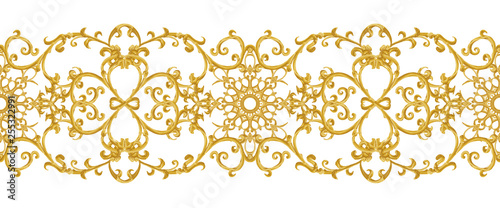 Seamless pattern. Golden textured curls. Oriental style arabesques. Brilliant lace, stylized flowers. Openwork weaving delicate, golden background.