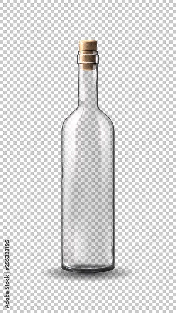 Empty realistic wine bottle isolated on transparent background. Vector illustration with transparent glass bottle. - obrazy, fototapety, plakaty 