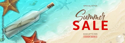 Advertisement web banner for summer sale. Horizontal banner with realistic glass bottle with message, seashells and starfishes on beach in sea water. Vector illustration with special discount offer.