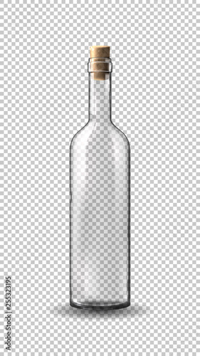 Empty realistic wine bottle isolated on transparent background. Vector illustration with transparent glass bottle.