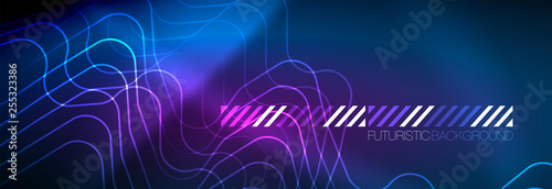 Neon glowing techno lines, hi-tech futuristic abstract background template with square shapes