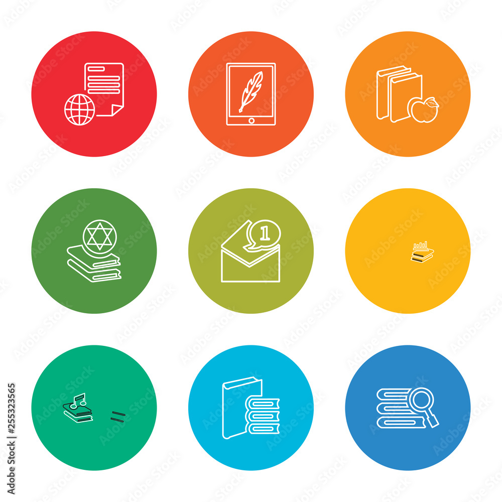 outline stroke book, book, song, book, mail, ebook, paper, vector line icons set on rounded colorful shapes outline stroke book, book, song, book, mail, ebook, paper, vector line icons set on rounded colorful shapes