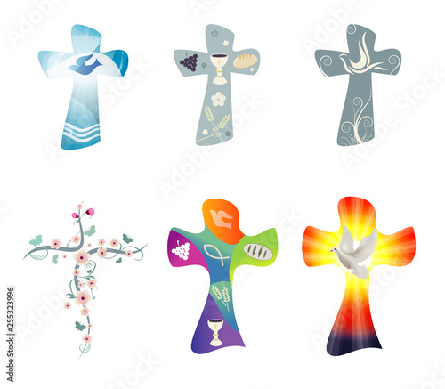 Set modern isolated vector Christian crosses. Cross collection with symbols of Christianity. Religious signs