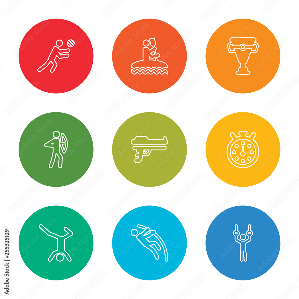 outline stroke gymnast, pole vault, gymnast, chronometer, start gun, archery, chalice, kayak, volleyball, vector line icons set on rounded colorful shapes