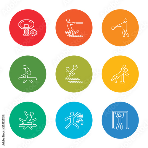 outline stroke gymnast, gymnastic, gymnastic, high jump, water sports, gymnastic, hammer throw, water sport, basketball, vector line icons set on rounded colorful shapes