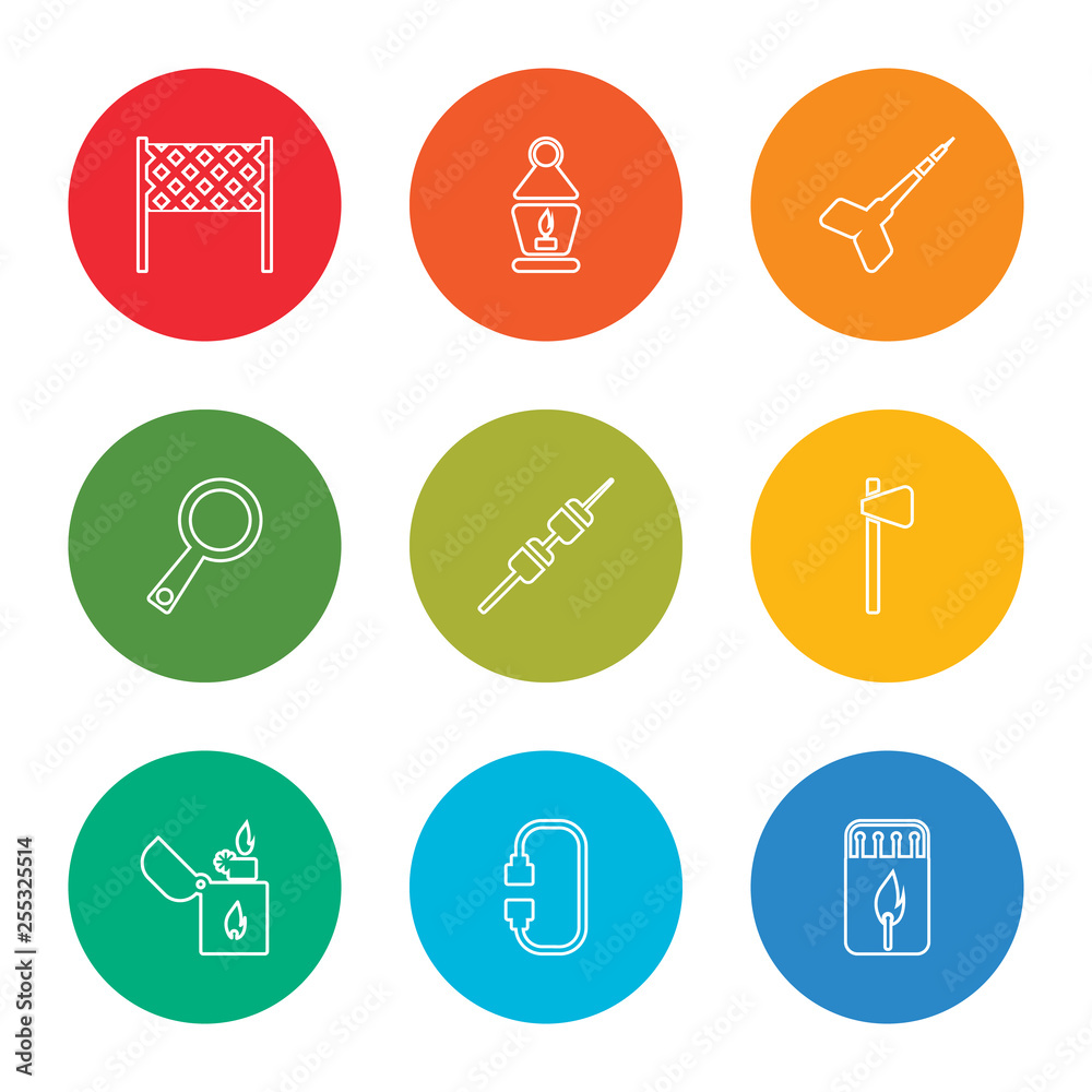 outline stroke matchbox, carabiner, lighter, ax, marshmallow, loupe, dart, lantern, volleyball net, vector line icons set on rounded colorful shapes outline stroke matchbox, carabiner, lighter, ax, marshmallow, loupe, dart, lantern, volleyball net, vector line icons set on rounded colorful shapes