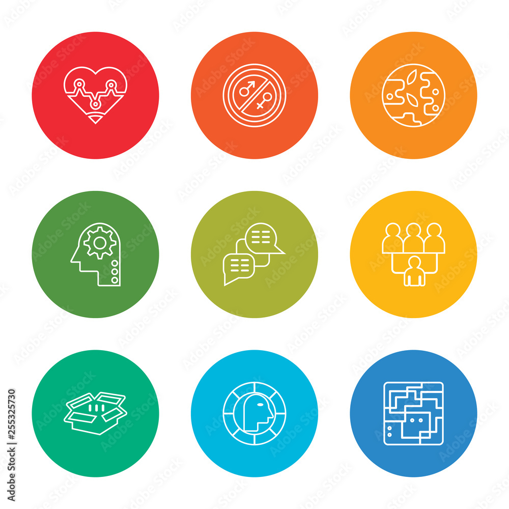 outline stroke maze, sensitivity, creativity, group, chat, thinking, environment, equality, heart, vector line icons set on rounded colorful shapes