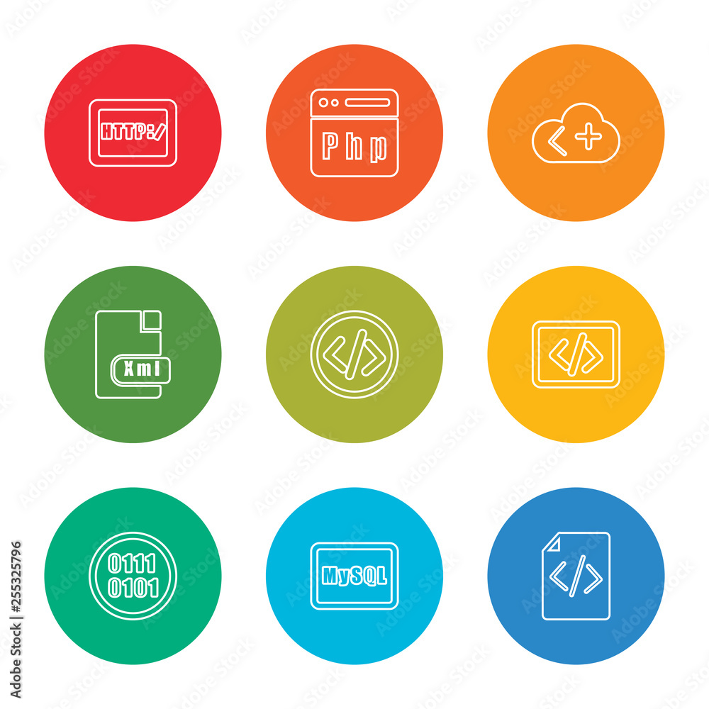 outline stroke coding, mysql, binary code, coding, coding, xml, php, http, vector line icons set on rounded colorful shapes outline stroke coding, mysql, binary code, coding, coding, xml, php, http, vector line icons set on rounded colorful shapes