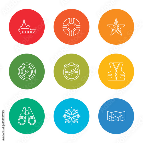 outline stroke treasure map, boat rudder, big binoculars, safety vesty, big compass, radar detection, big starfish, rescue tube, cargo ship front view, vector line icons set on rounded colorful
