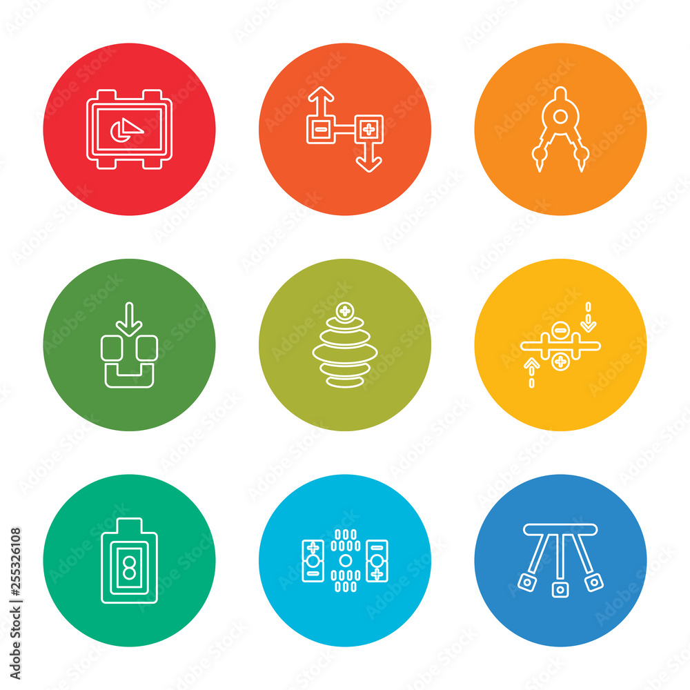 outline stroke momentum, magnet, formula, circuit, vortex, magnet, compass, magnet, geometry, vector line icons set on rounded colorful shapes