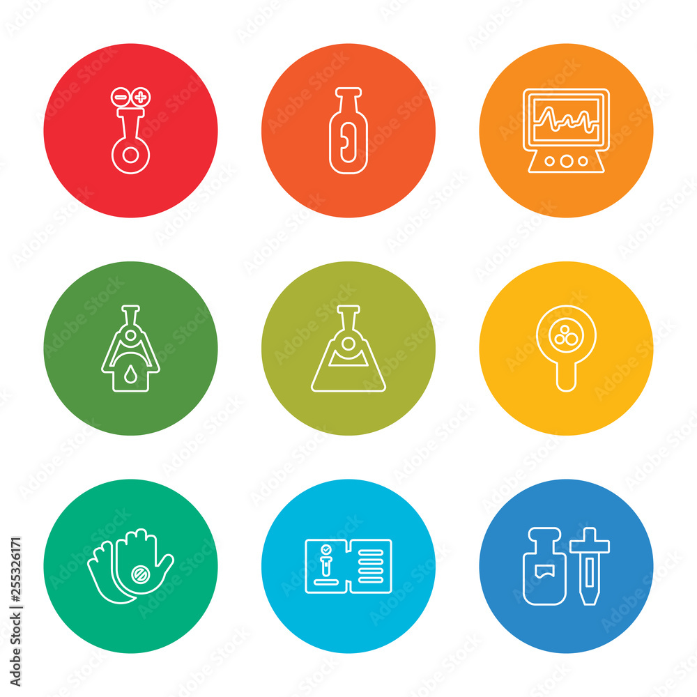 outline stroke vial, science book, gloves, loupe, flask, burner, electrocardiogram, flask, flask, vector line icons set on rounded colorful shapes outline stroke vial, science book, gloves, loupe, flask, burner, electrocardiogram, flask, flask, vector line icons set on rounded colorful shapes