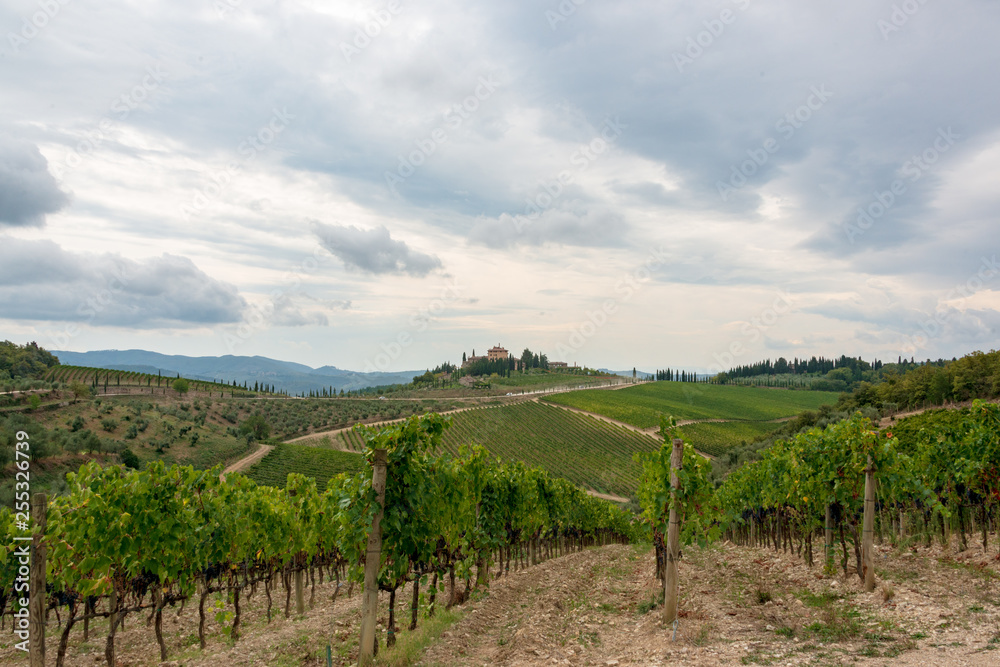 Weingut auf einem Hügel umgeben von Weinbergen in der Nähe von Radda in Chianti