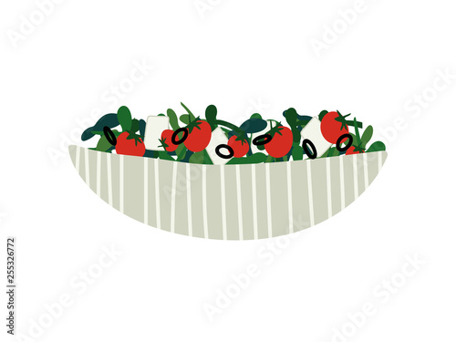 Delicious Salad with Feta Cheese and Vegetables in Ceramic Bowl, Fresh Healthy Dish Vector Illustration