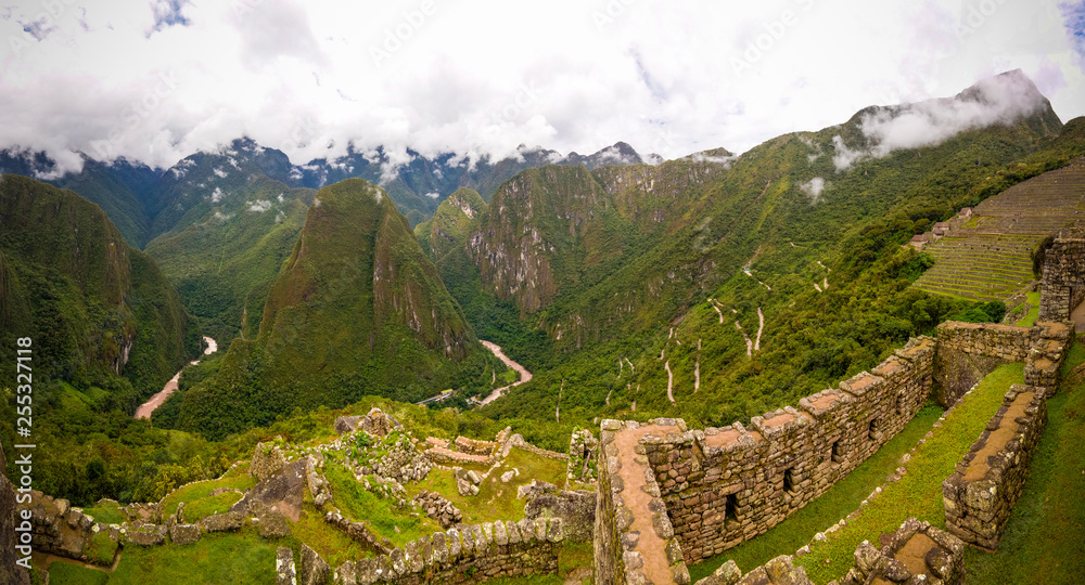 Panoramic view to Machu Picchu archaeological site with Polygonal masonry, Cuzco, Peru