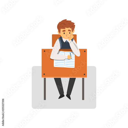 Student Sitting at Desk in Classroom, Schoolboy Studying at School, College Vector Illustration