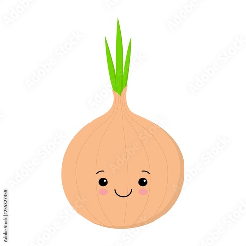 Cute happy smiling bow onion vegetable. Vector modern flat style cartoon character illustration. Isolated on white background.