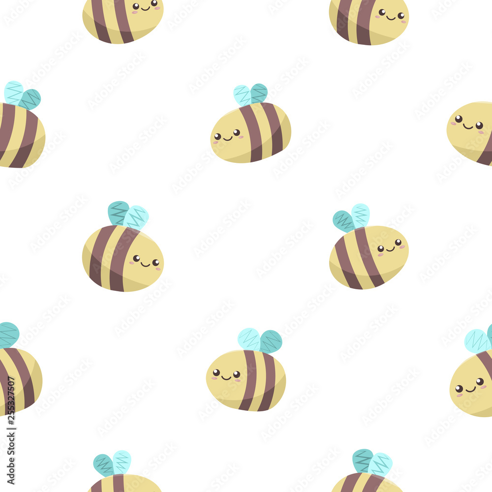 cute kawaii honey bees fly on white background, seamless vector pattern