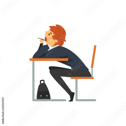 Bored Student Sitting and Yawning at Desk in Classroom, Side View, Schoolboy in Uniform Studying at School, College Vector Illustration