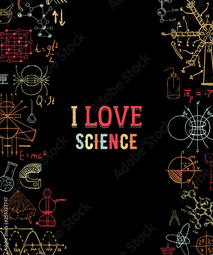 I love science. Vintage scientific equipment, formulas and elements on grunge background. Isolated elements. Design template for print, poster, wallpaper. Vector illustration	