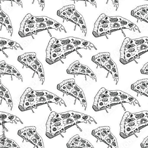 Pizza sketch pattern. Hand painted pizza slices, seamless pattern on a transparent background. Black seamless vector pattern without background.