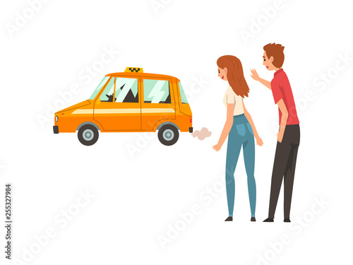 Taxi Service, Couple Waving Catching Car on Street Cartoon Vector Illustration