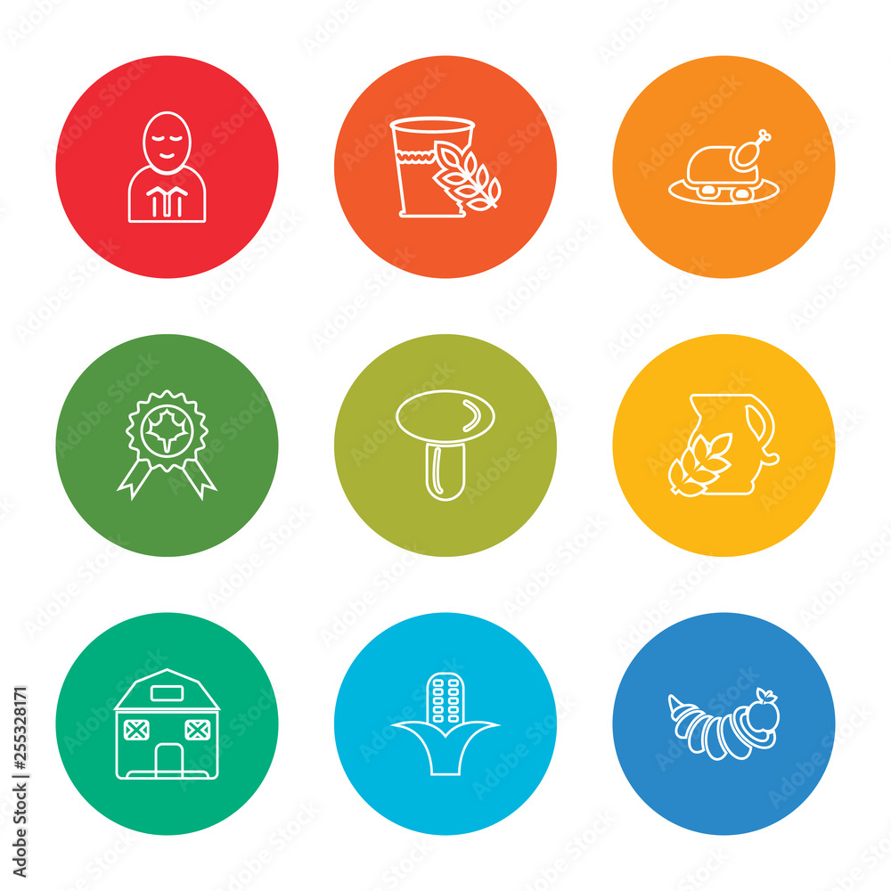 outline stroke cornucopia, corn, barn, juice, mushroom, emblem, thanksgiving, glass of water, prayer, vector line icons set on rounded colorful shapes outline stroke cornucopia, corn, barn, juice, mushroom, emblem, thanksgiving, glass of water, prayer, vector line icons set on rounded colorful shapes