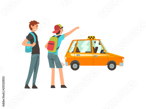Taxi Service, Male Clients Waving to Taxi Car Cartoon Vector Illustration