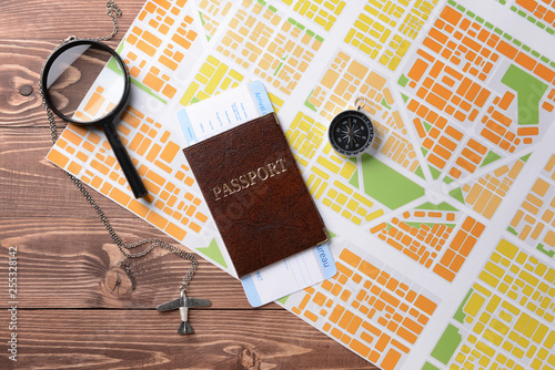 Map with passport, compass ...