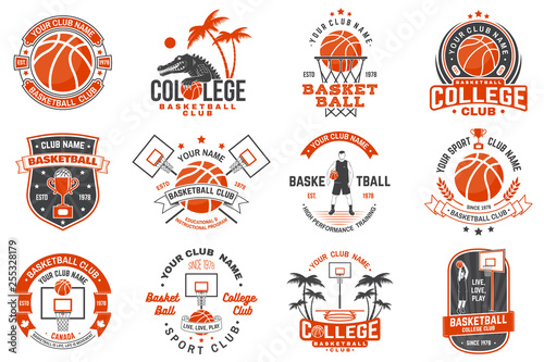 Set of basketball club badge. Vector. Concept for shirt, print, stamp or tee. Vintage typography design with basketball player, hoop and ball silhouette.