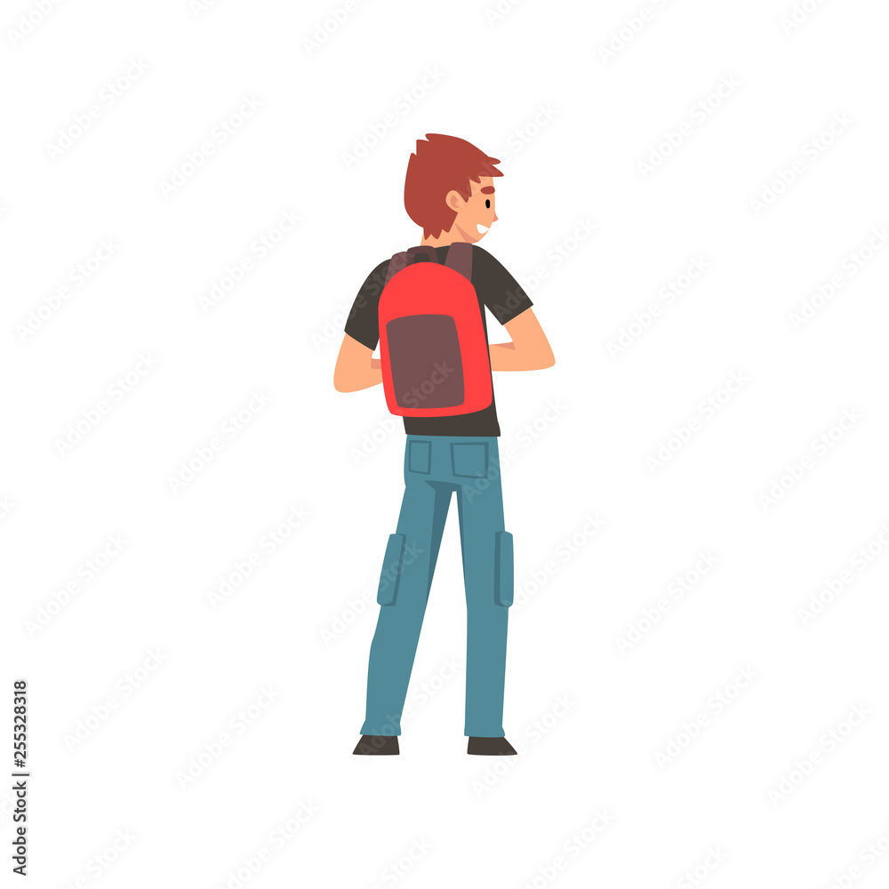 Man Standing with Backpack, Back View Vector Illustration