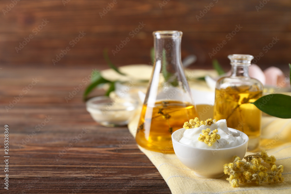 Ingredients for natural cosmetics on wooden table Ingredients for natural cosmetics on wooden table