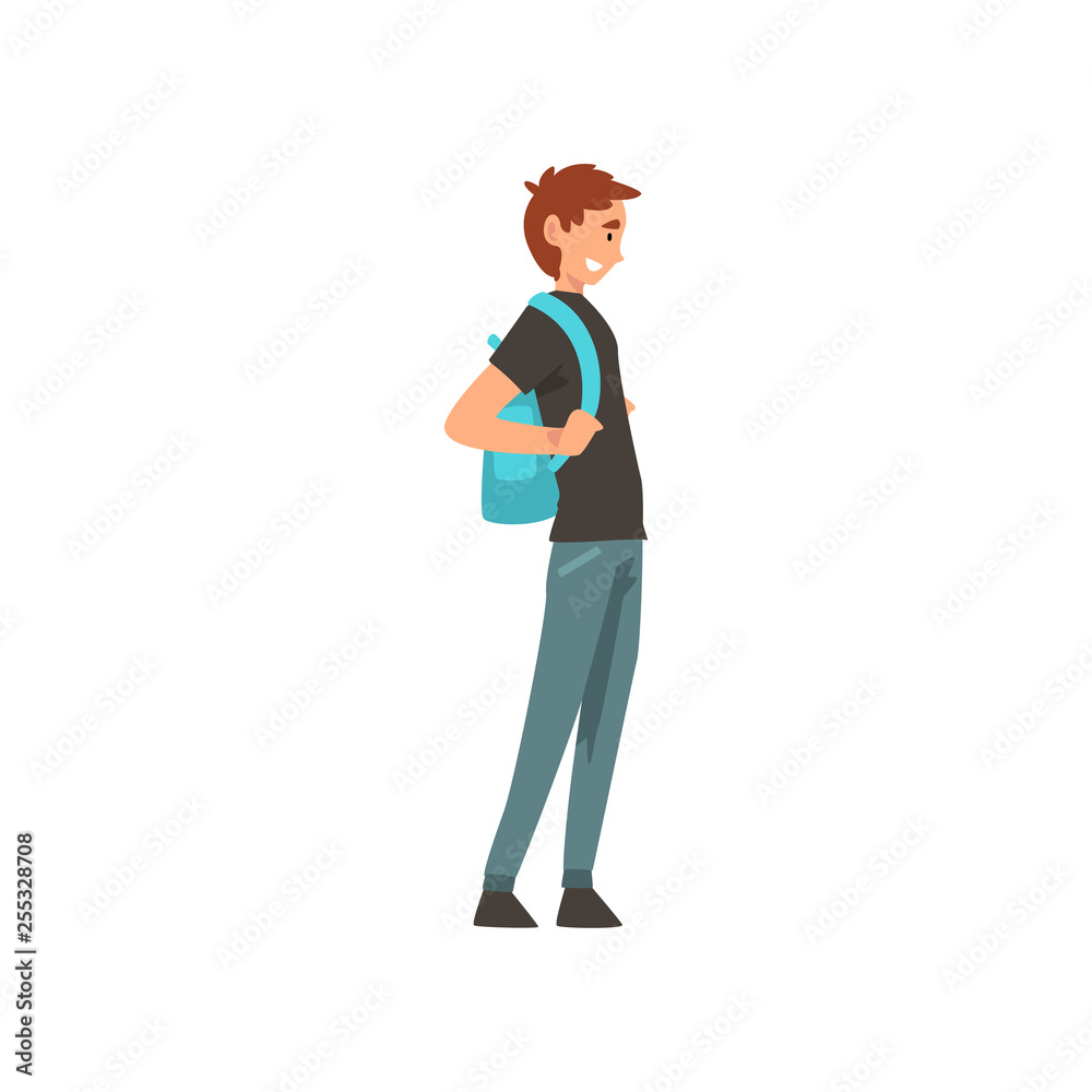 Young Smiling Man Standing with Backpack Vector Illustration Young Smiling Man Standing with Backpack Vector Illustration
