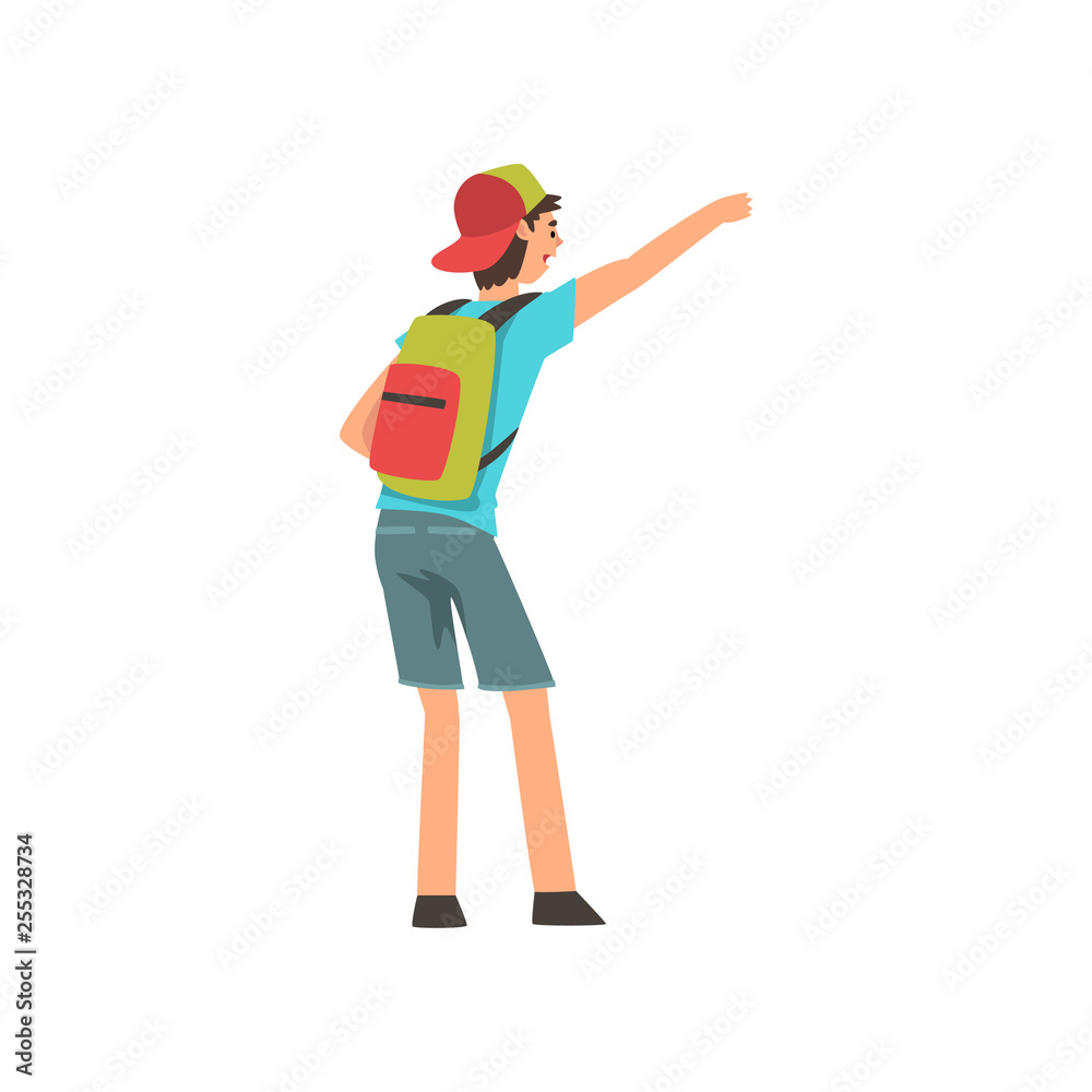 Young Man with Backpack Hailing Taxi Car Vector Illustration