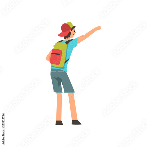 Young Man with Backpack Hailing Taxi Car Vector Illustration