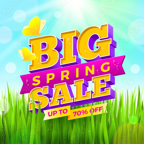 Vector illustration. Spring sale sign with buteerflies on a nature  background.