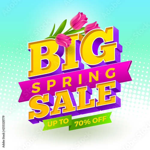 Vector illustration. Spring sale sign with tulips flowers on a halftone background.