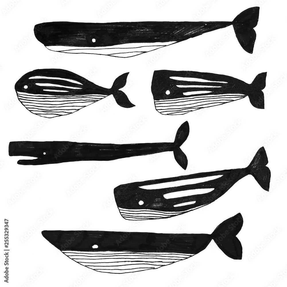 graphic illustration, set of whales. black and white whales Stock