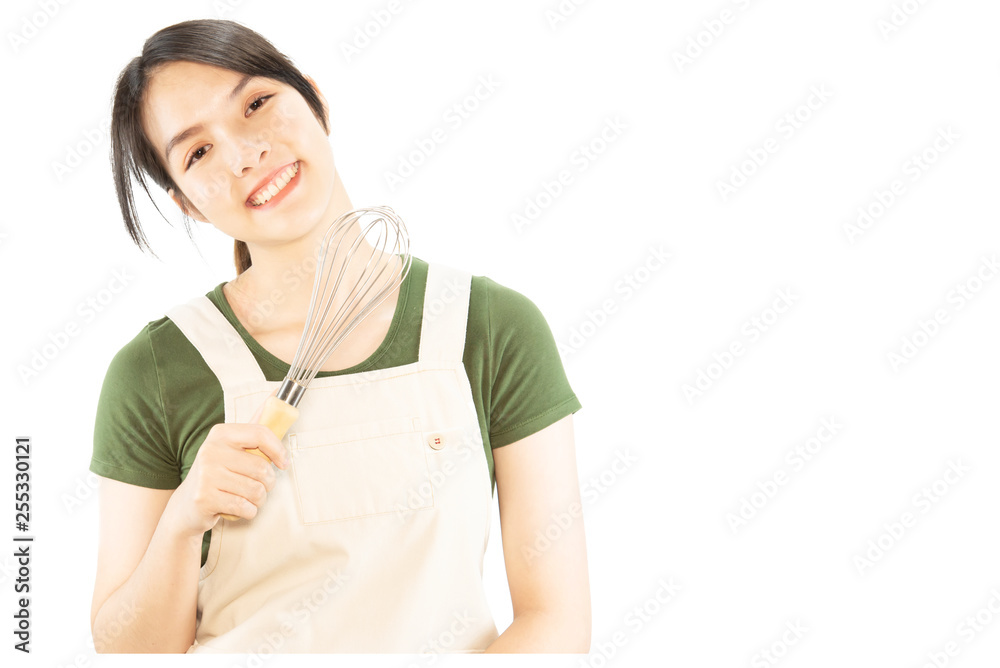 Happy lady holding kichen stuff over copy space background - people home made food preparation concept Happy lady holding kichen stuff over copy space background - people home made food preparation concept