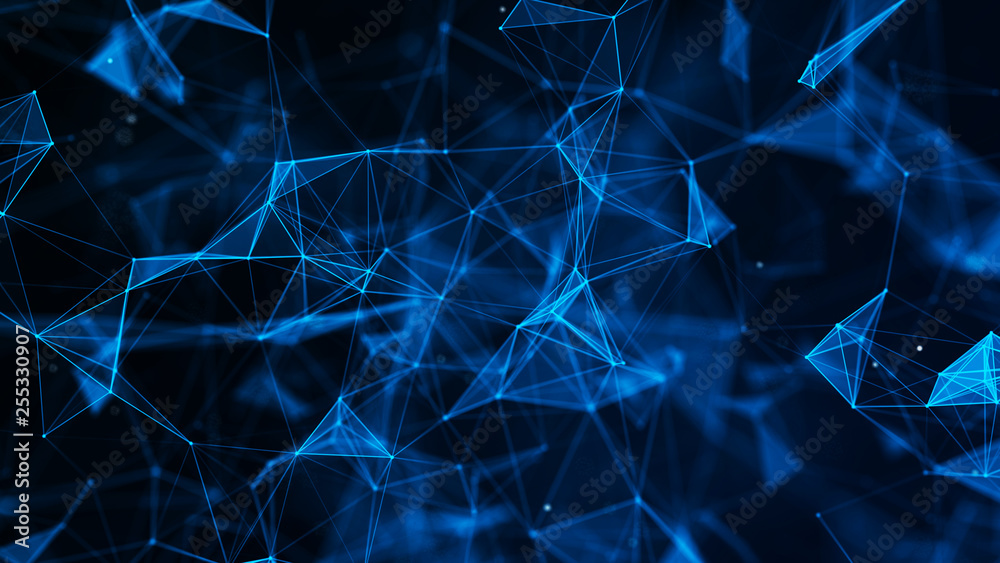 Abstract connection of dots and lines. Distribution of triangular shapes in space. Network connection structure. 3D rendering.
