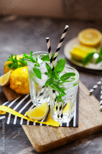 Refreshing summer beverage with lemon  mint and ice. Glasses with cold and healthy drink  place for text