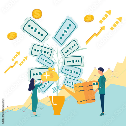 Investing. Deposit profit and wealth growing business. Teamwork persons cultivate money to fund future business. Increase income dollars with successful bank investor strategy. Vector illustration.