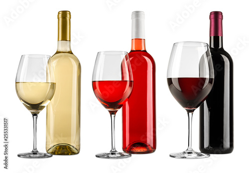 Row of exquisite red white and rose wine bottle glass set collection isolated on white background