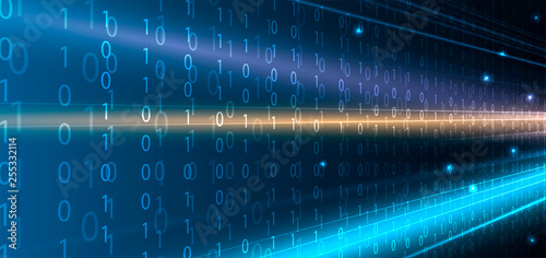 Bytes of binary code run through network. Abstract futuristic technology syberspace