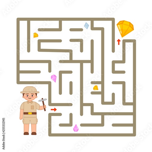 Maze game for children. Help the archaeologist collect all the crystals.