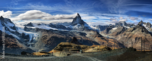 Amazing View of the panorama mountain range near the Matterhorn in the Swiss Alps. Trek near Matterhorn mount. photo