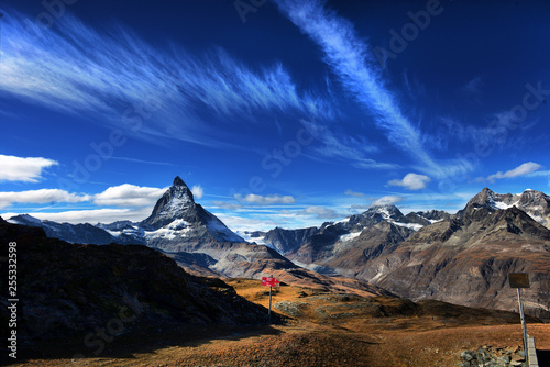 Amazing View of the panorama mountain range near the Matterhorn in the Swiss Alps. Trek near Matterhorn mount.